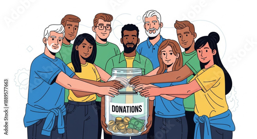 Diverse Group of People Donating to Charity Jar.