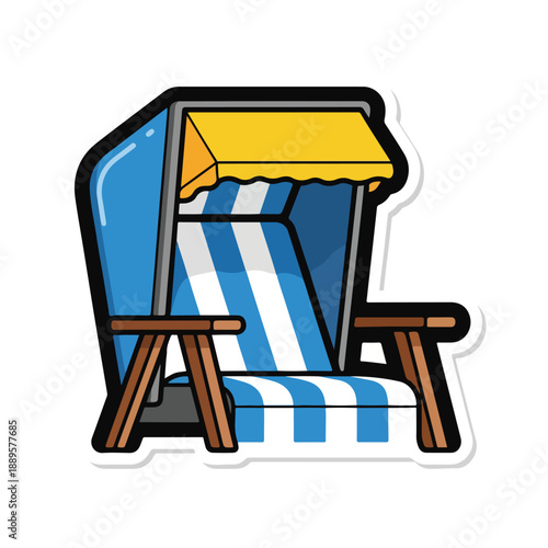 A beach chair with blue and white stripes
