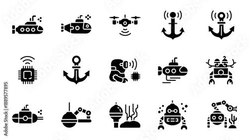 Collection of black icons representing various underwater vehicles and anchors on a white background