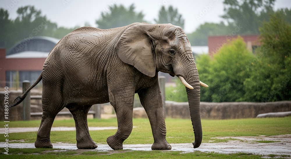 Obraz premium Large, wrinkled pachyderm with tusks walks along a wet enclosure path