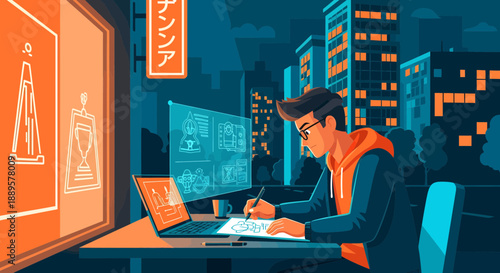 Young man working on a graphic design project at night