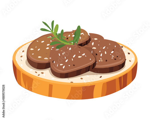 Savory meat slices served on a round toasted bread with herb garnish for a party appetizer - Vector Illustration