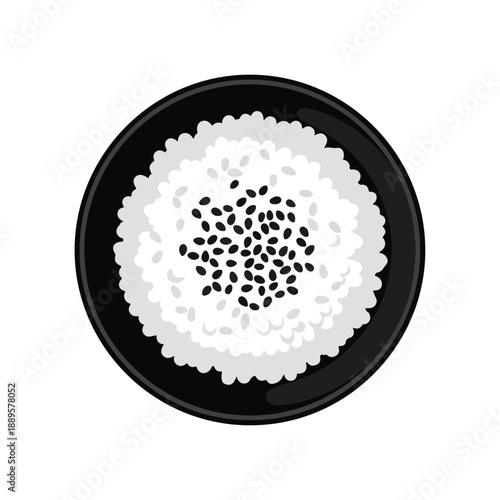 A black plate filled with white rice and black sesame seeds