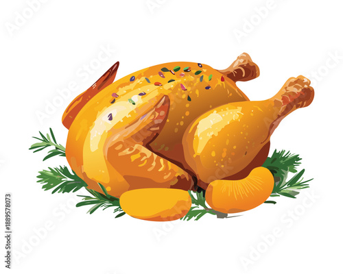Golden roasted whole chicken garnished with orange citrus fruits and fresh green leaves on a platter - Vector Illustration