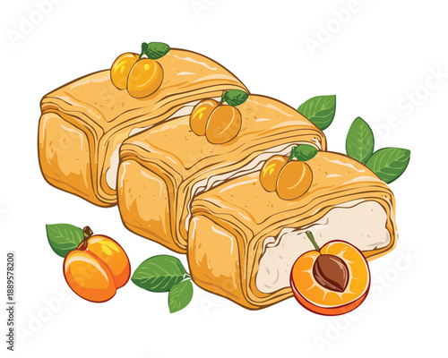 Three pieces of rolled crepes or pancakes topped with fresh apricot slices and green mint leaves - Vector Illustration