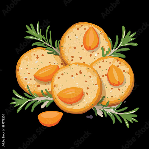 Round savory cookies or crackers topped with fresh apricot slices and rosemary herbs on a plate - Vector Illustration