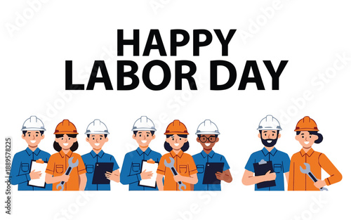 Smiling workers celebrating Labor Day with tools and clipboards