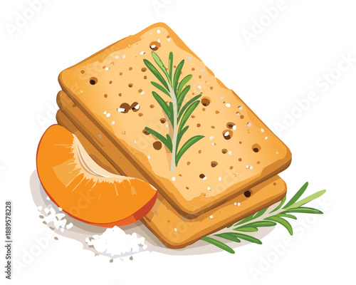 Savory rosemary crackers served with fresh apricot slices for a healthy and aromatic gourmet snack platter - Vector Illustration