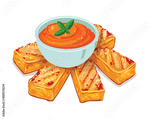 Crispy bread sticks served with a bowl of orange apricot dip and fresh fruit garnish platter - Vector Illustration