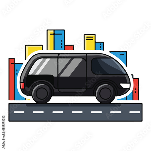 A black van on a road with a cityscape