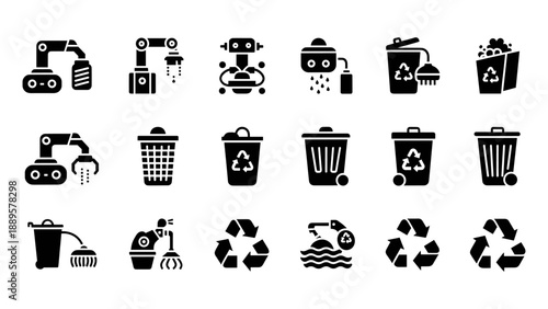 Collection of recycling and waste management icons in black on a white background
