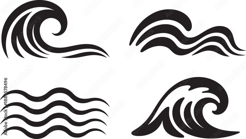 Fototapeta premium Black wave symbols in different styles on white background desi