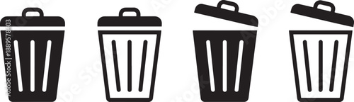Black trash can in different states on white background transparent