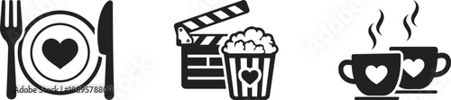 Valentine date night icons set, romantic dinner movie and coffee love symbols vector illustration