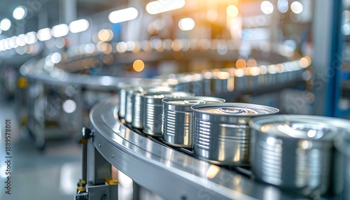 Canned Food on Production Line in Silver Aluminum Containers At Factory With Metal Conveyor Belts and Bright Overhead