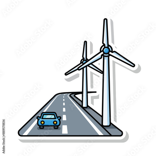 A blue car drives on a road beside two large wind turbines