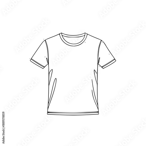 Simple black and white line drawing of a blank short-sleeved crew-neck t-shirt outline.