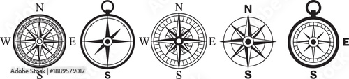 Compass in various styles compass navigation direction symbols maps geography desig