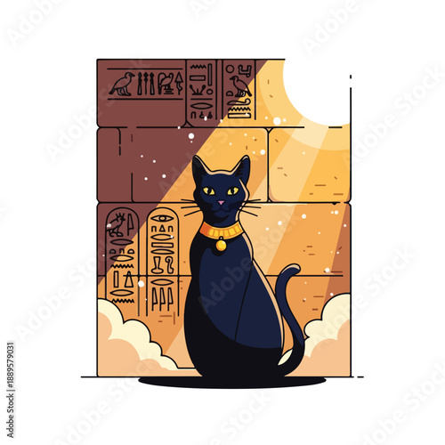 A black cat with a golden collar sits before ancient Egyptian hieroglyphics