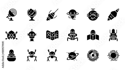 A collection of black and white science fiction icons on a white background, featuring aliens, spaceships, and robots.