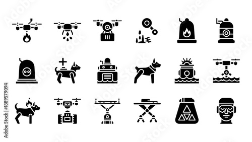 Collection of black icons representing various science and technology concepts on a white background from a straightforward viewpoint