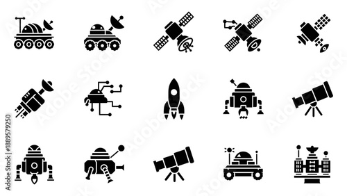 Collection of Space Technology Icons Featuring Satellites, Rockets, and Observatories in a Grid Layout