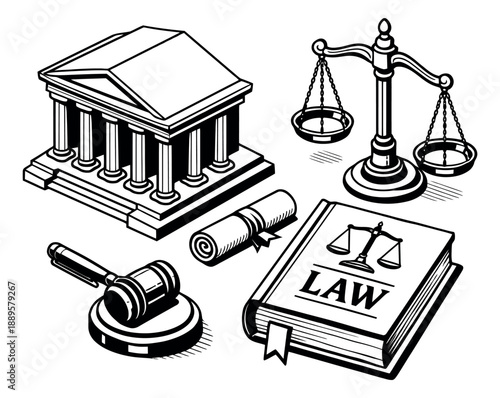 Hand drawn isometric line art legal symbols set featuring a courthouse, scales of justice, a gavel, a diploma, and a law book for justice and legal education