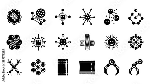 Collection of Various Black and White Technical Icons and Symbols on a Plain White Background