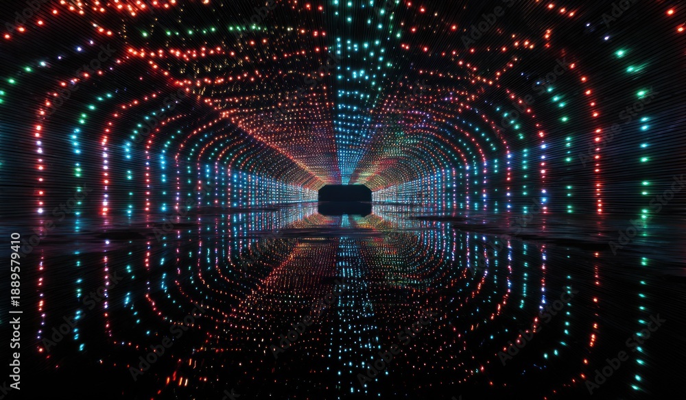 Fototapeta premium Abstract tunnel of colorful lights reflecting symmetry and patterns in darkness