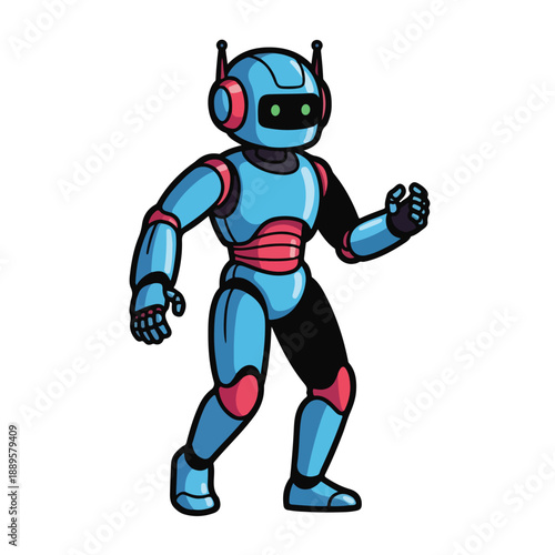A blue robot with red accents and green eyes