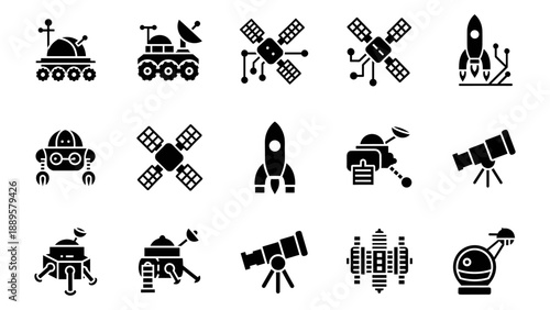 Collection of Space Technology Illustrations Featuring Satellites, Rockets, and Observatories