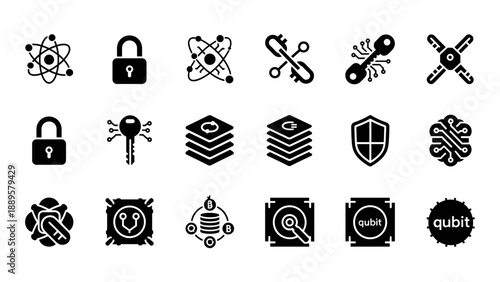 Collection of black icons representing various security and technology concepts displayed on a white background