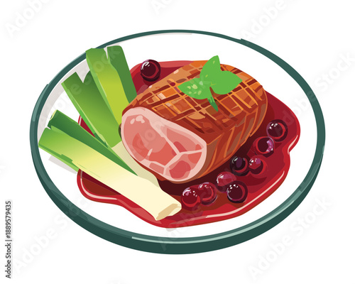 Roasted ham or pork with berry sauce and green leek garnish for a festive holiday meal - Vector Illustration