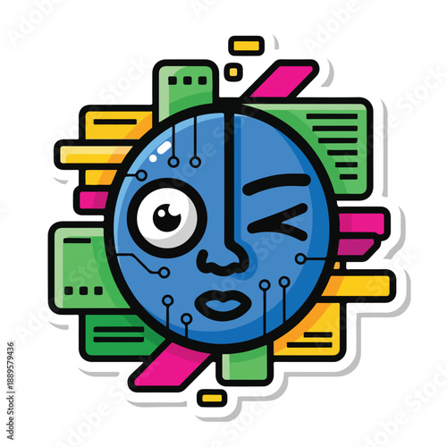 A blue robotic face with one eye and colorful rectangles