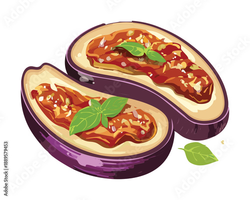 Sliced baked eggplant with savory tomato sauce and fresh basil leaves for a vegetarian appetizer - Vector Illustration