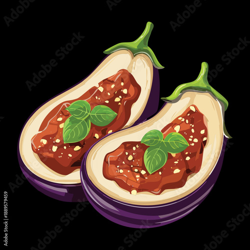 Roasted eggplant halves with tomato meat sauce and basil garnish for a healthy savory dinner dish - Vector Illustration