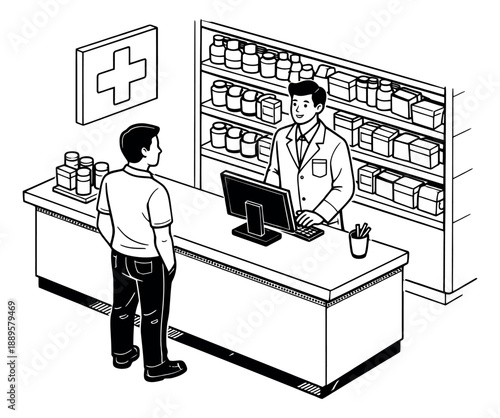 Hand drawn line art illustration of a pharmacist and customer at a pharmacy counter depicting a consultation for healthcare services