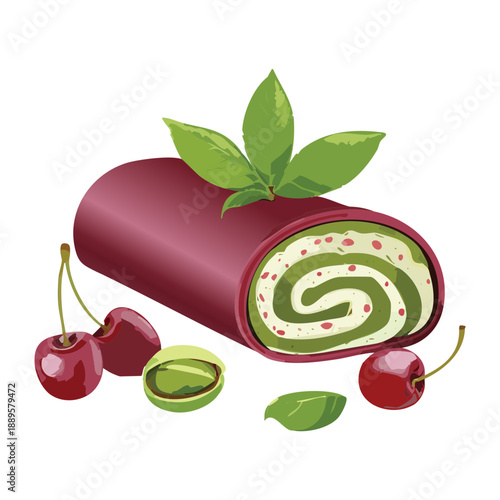Red velvet Swiss roll with green mint cream and cherry garnish for a festive dessert - Vector Illustration