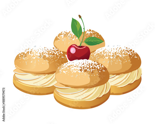 cream puffs with cherry filling and powdered sugar for a delicious bakery dessert treat - Vector Illustration