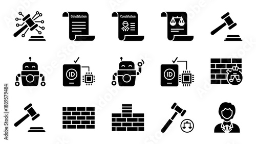 Collection of black icons representing law and technology on a white background displayed in a grid format