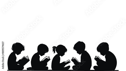 A group of children sitting and reading books in a quiet setting