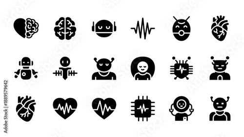 A collection of black icons representing various technology and robot concepts on a white background.