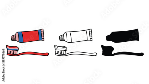 A colorful illustration of toothbrushes and toothpaste tubes in different styles