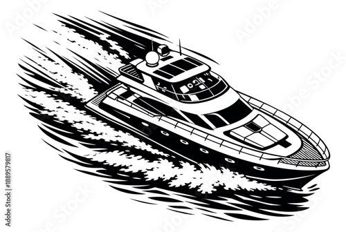 Line art illustration of a speeding luxury yacht depicting a powerful wake for marine adventure