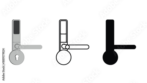 Modern digital door lock with handle and keyhole options, presented in color, outline, and silhouette