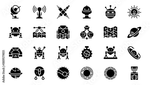 A collection of black and white icons representing various technological and scientific concepts displayed on a plain white background