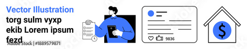 Digital marketing, content sharing, financial management, online engagement, social networking, media trends. A person holding documents, a social media post and a house with a dollar sign. Digital