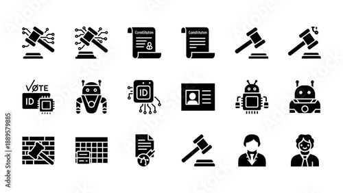 Collection of black icons representing technology and justice on a white background viewed directly
