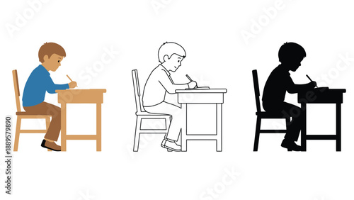 Three cartoon boys sitting at desks in different illustration styles and colors