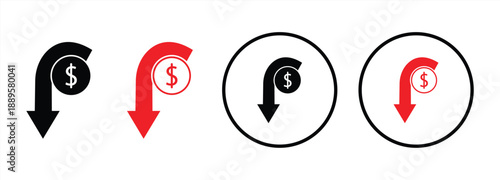 Dollar Decrease Icon Set. Financial Loss and Value Decline Symbols. Negative Metric and Value Depreciation. Down Arrow Money Symbol and Negative Financial Trend Collection